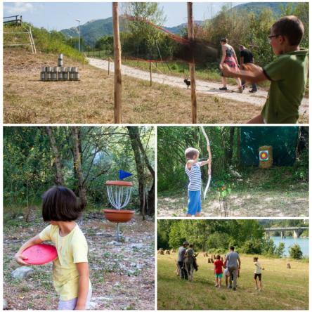 Disc Golf, tiro con l'arco, mega fionda e passeggiata con asini